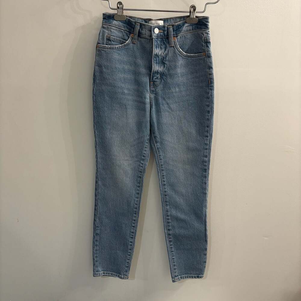 OAK + FORT High-Waisted Relaxed Tapered Leg Jeans in Light Blue Wash